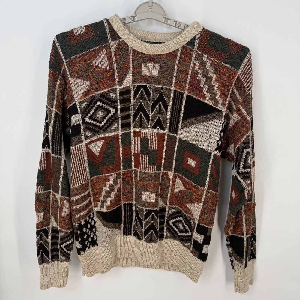 Vintage Jantzen Mens Patchwork Geometric Knit Sweater Large Made in USA Cosby - Picture 2 of 6